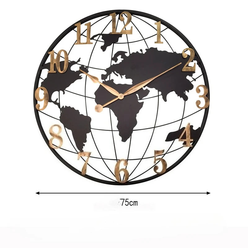 60/75/90cm Large Map Wall Clock Metal Minimalist Clock Round Silent Non-Ticking Battery Operated Wall Clocks for Living Room