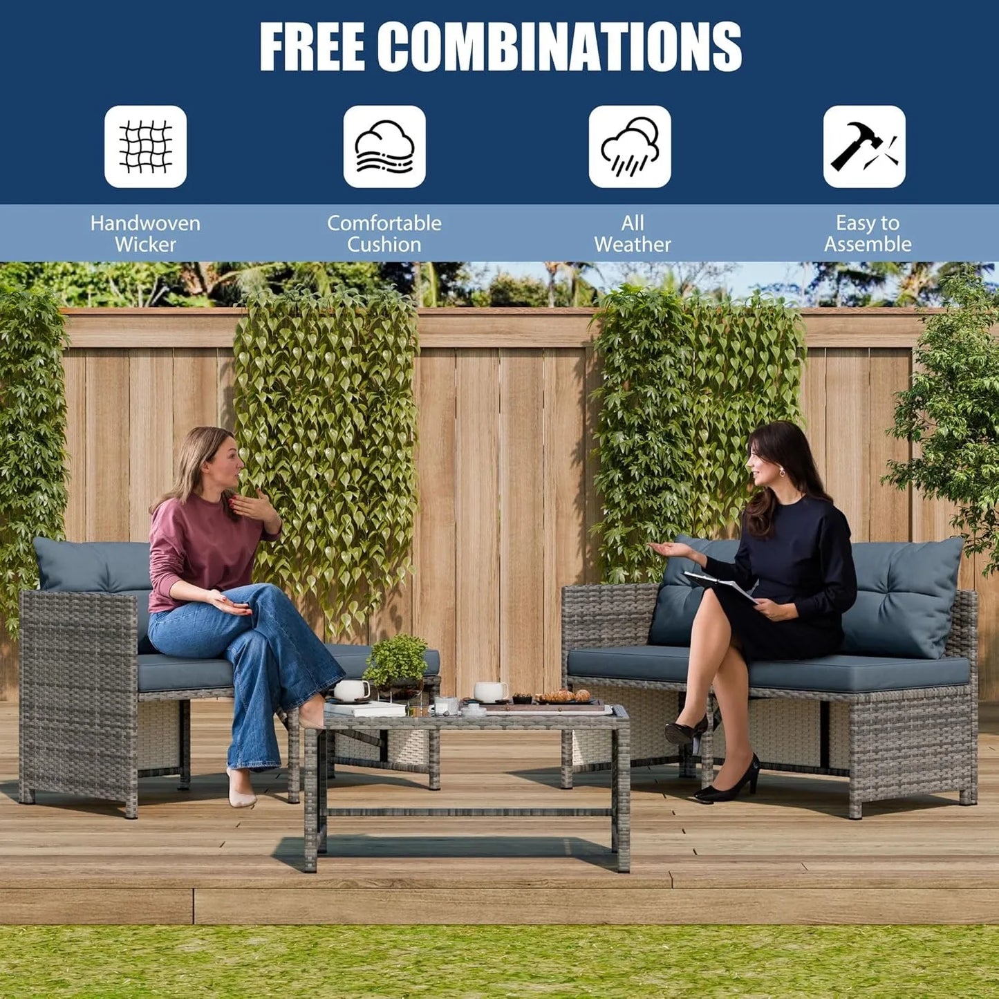 3 Piece All Weather Wicker Patio Conversation Set with Cushions and Glass Table Blue