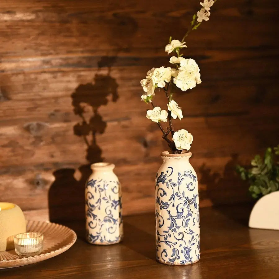 Blue and White Ceramic Vases Home Decor, Farmhouse Vase for Flowers, Flower Vase Set of 2, Rustic Decorative Vases for Pampas Gr