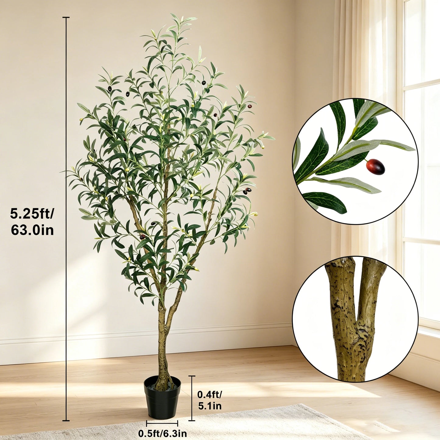 Olive Trees Artificial Indoor, 5.25/6.10/7.10FT Tall Faux Olive Tree with Black Pot, Artificial Plants with Natural Wood Trunk and Lifelike Fruits for Home Office Decor