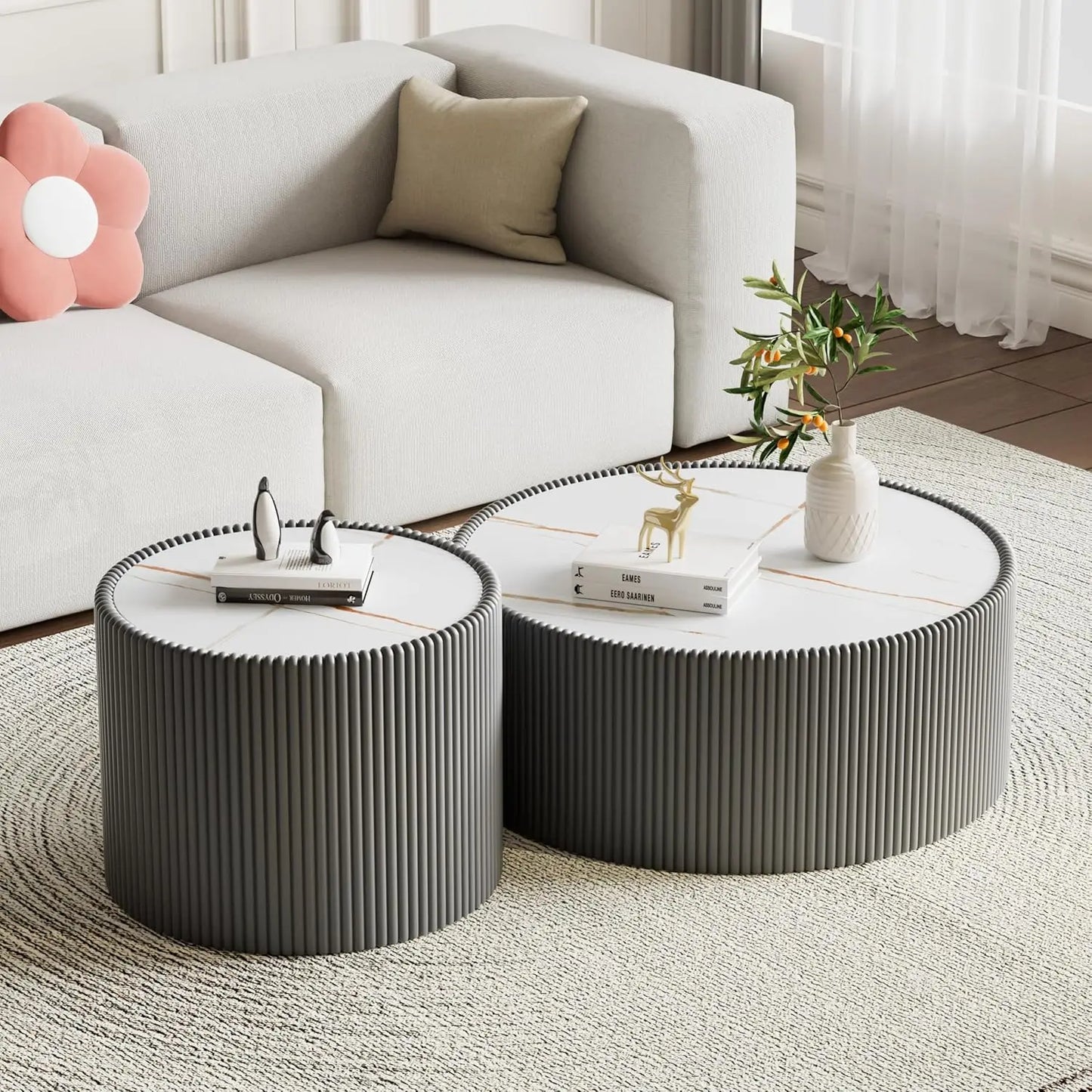 Round Grey 2-Piece Coffee Table Set 29.5in & 17.7in Sintered Stone Top Fluted PU Leather Base Living Room, Customized