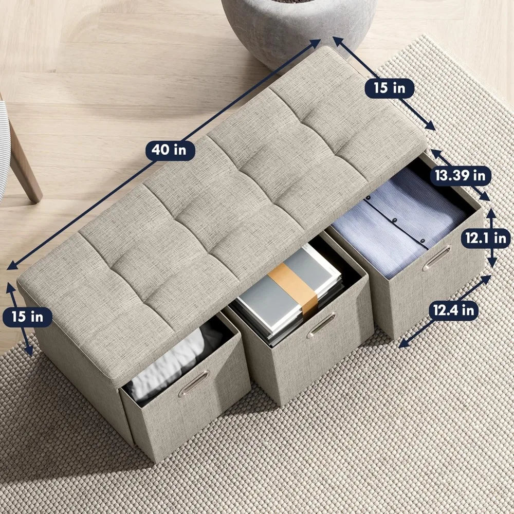 40 Inch Foldable Storage Ottoman Bench with 3 Drawers, Tufted Linen Fabric, Large Foot Rest Stool for Living Room Bedroom