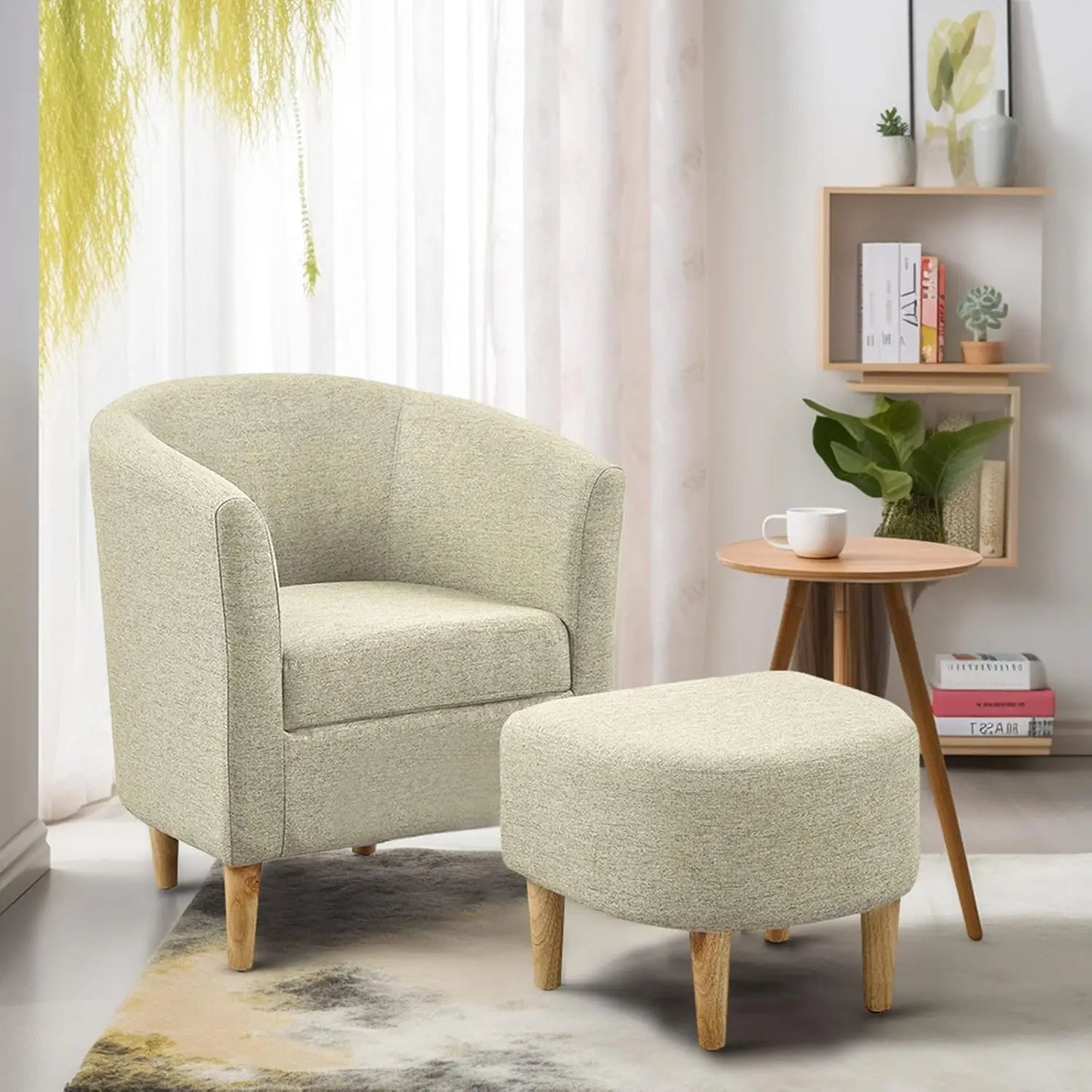 Mid Century Accent Chair & Ottoman Small Barrel Armchair with Footrest for Living Room Bedroom Linen Fabric Wood Legs, Customize