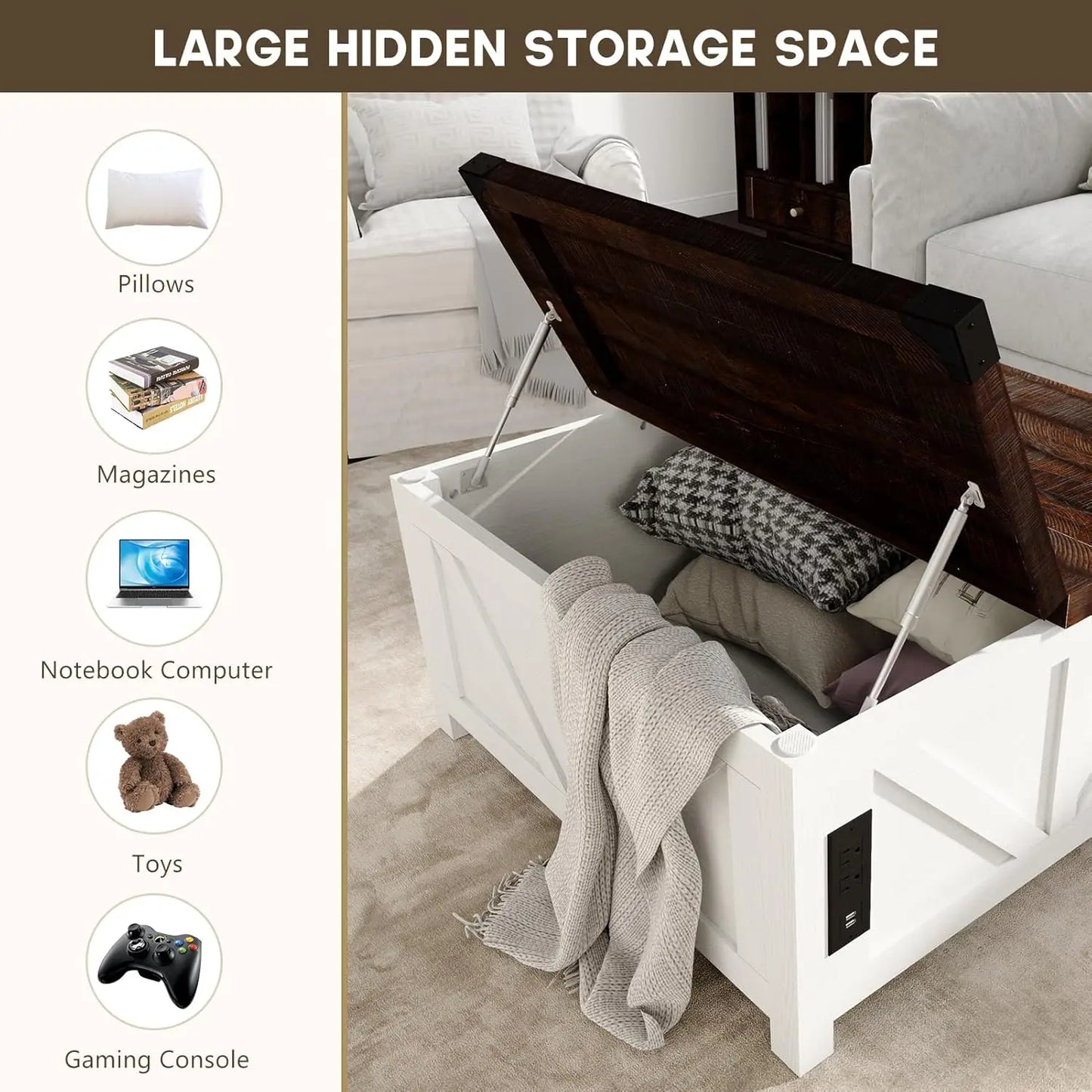 Farmhouse Lift Top Coffee Table with Storage, Wood Square Center Table with Charging Station&USB Port, Living Room, Custom
