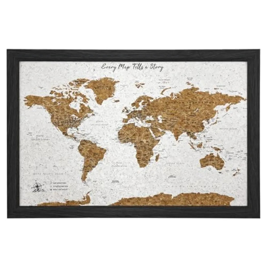 World Map Pin Board Travel Map Frame Framed Pinboard Cork Wooden Design 70 Push Pins Included 14.2'' x 21.2'' Personalised Home