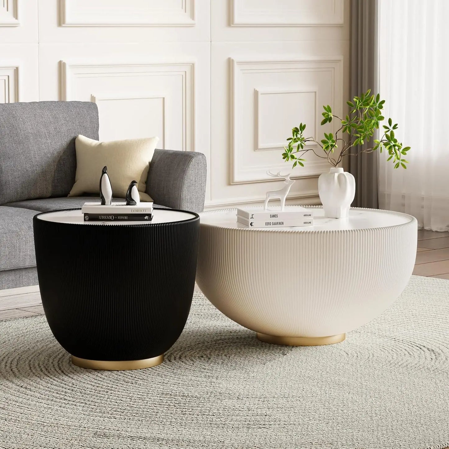 Round Grey 2-Piece Coffee Table Set 29.5in & 17.7in Sintered Stone Top Fluted PU Leather Base Living Room, Customized