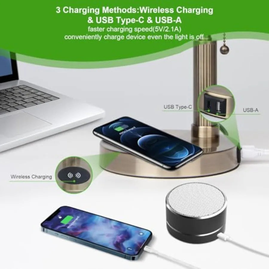 Glass Bankers Desk Lamp with Wireless Charger, 2 USB Charging Port, Vintage Desk Lamp with Pull Chain Switch, Retro Table Lamps