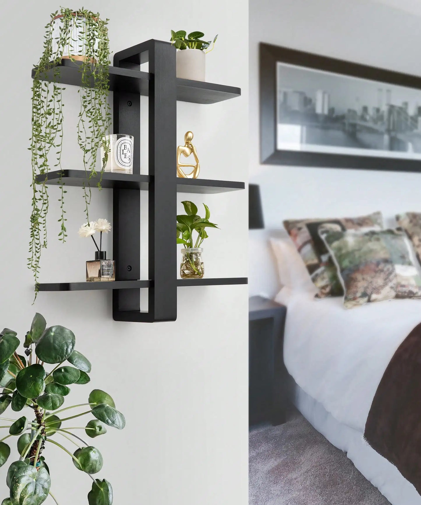 Mid-Century Modern Floating Shelves Set - 3-Tier Walnut Finish Large Wall Shelf, 20in Plant & Photo Display Storage For Living