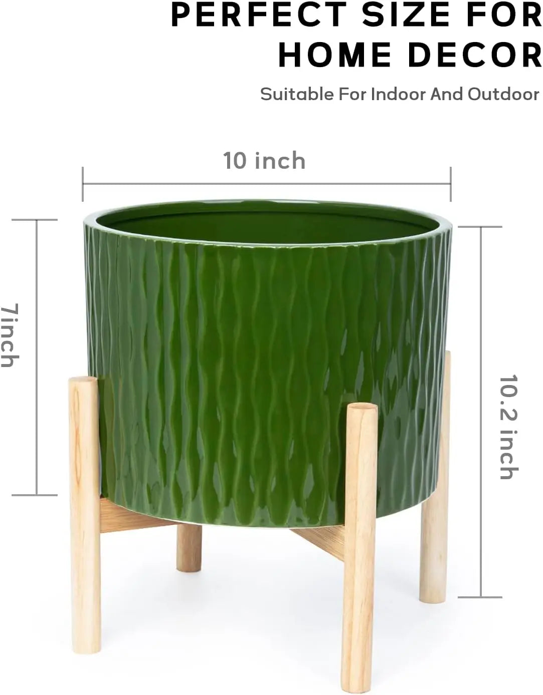 10 Inch Ceramic Plant Pot with Wood Stand, Modern Round Flower Planter Indoor Outdoor, Dark Green Water Ripple Pattern