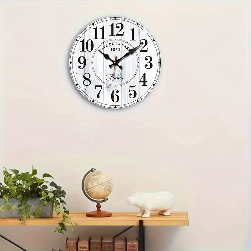 A Round Wooden Wall Clock, Retro Wood Grain Minimalist Large Number Creative Wall Clock, Suitable for Bedroom Living Room Office