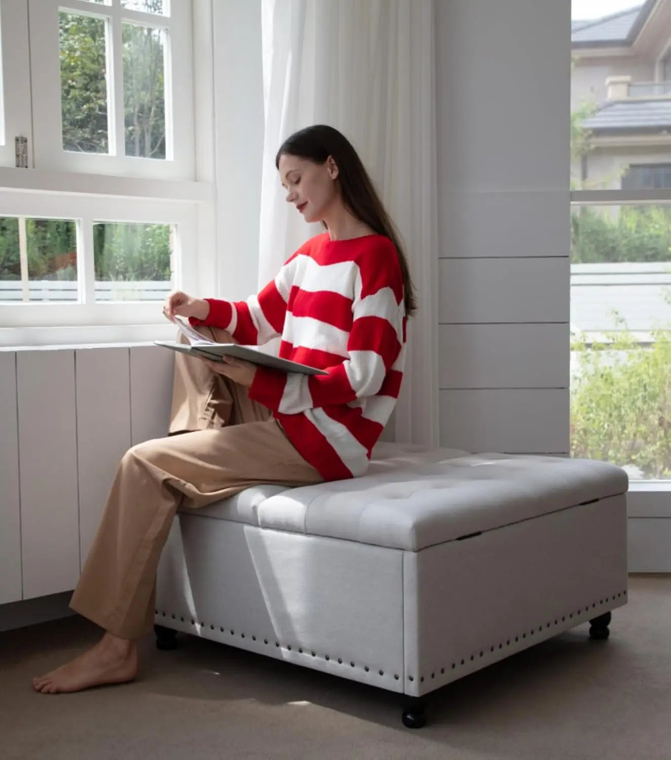 Large Square Storage Ottoman Bench, Tufted Upholstered Coffee Table with Lift Top & Solid Wood Legs, Oversized, Customized