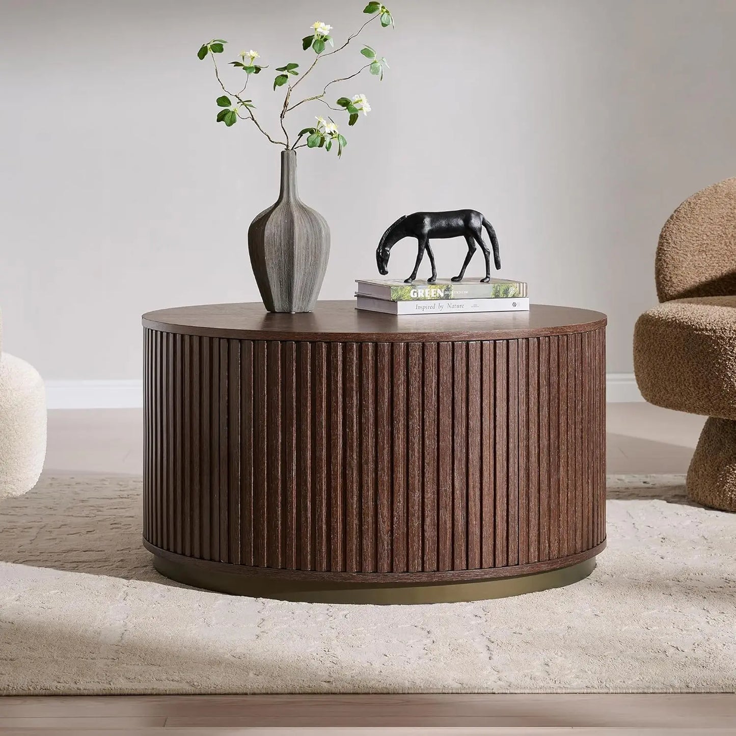 33" Round Coffee Table with Storage, Fluted Drum Coffee Table, Hidden Push-to-Open Drawer, Natural Oak, Custom