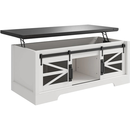 Lift Top Coffee Table with Sliding Barn Doors Large Storage Compartment Rectangle Entryway Desktop for Living Room Home Office