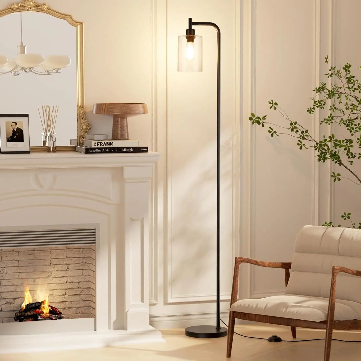 Industrial Floor Lamp with Glass Shade, LED Bulb, Foot Pedal Switch for Living Room, Easy Assembly