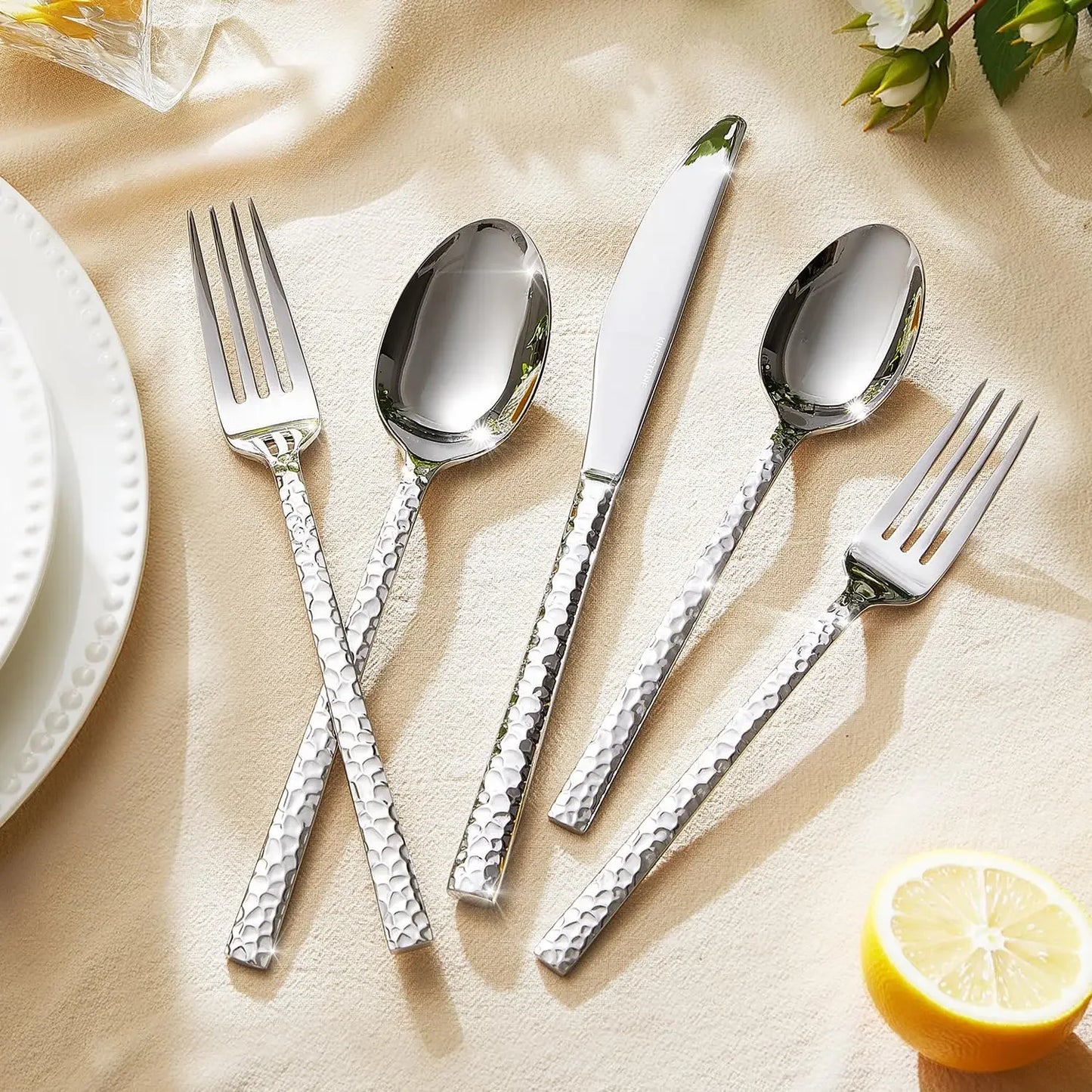 KINGSTONE 40 Piece Hammered Silverware Set, 18/10 Stainless Steel Flatware Set for 8, Cutlery Set for Home, Party,