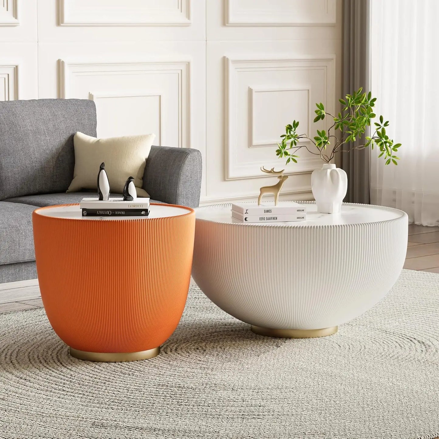 Round Grey 2-Piece Coffee Table Set 29.5in & 17.7in Sintered Stone Top Fluted PU Leather Base Living Room, Customized