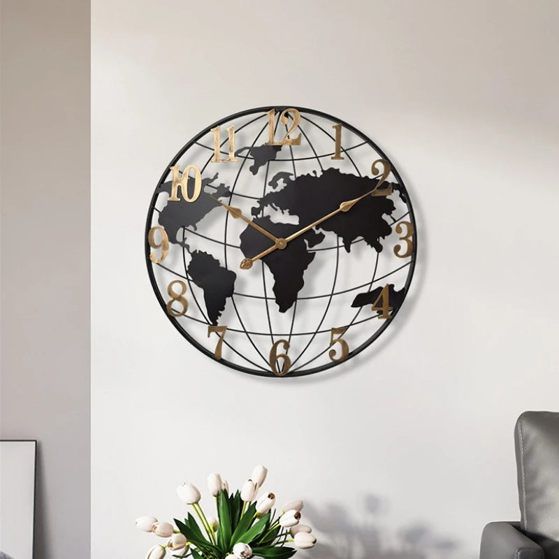 60/75/90cm Large Map Wall Clock Metal Minimalist Clock Round Silent Non-Ticking Battery Operated Wall Clocks for Living Room
