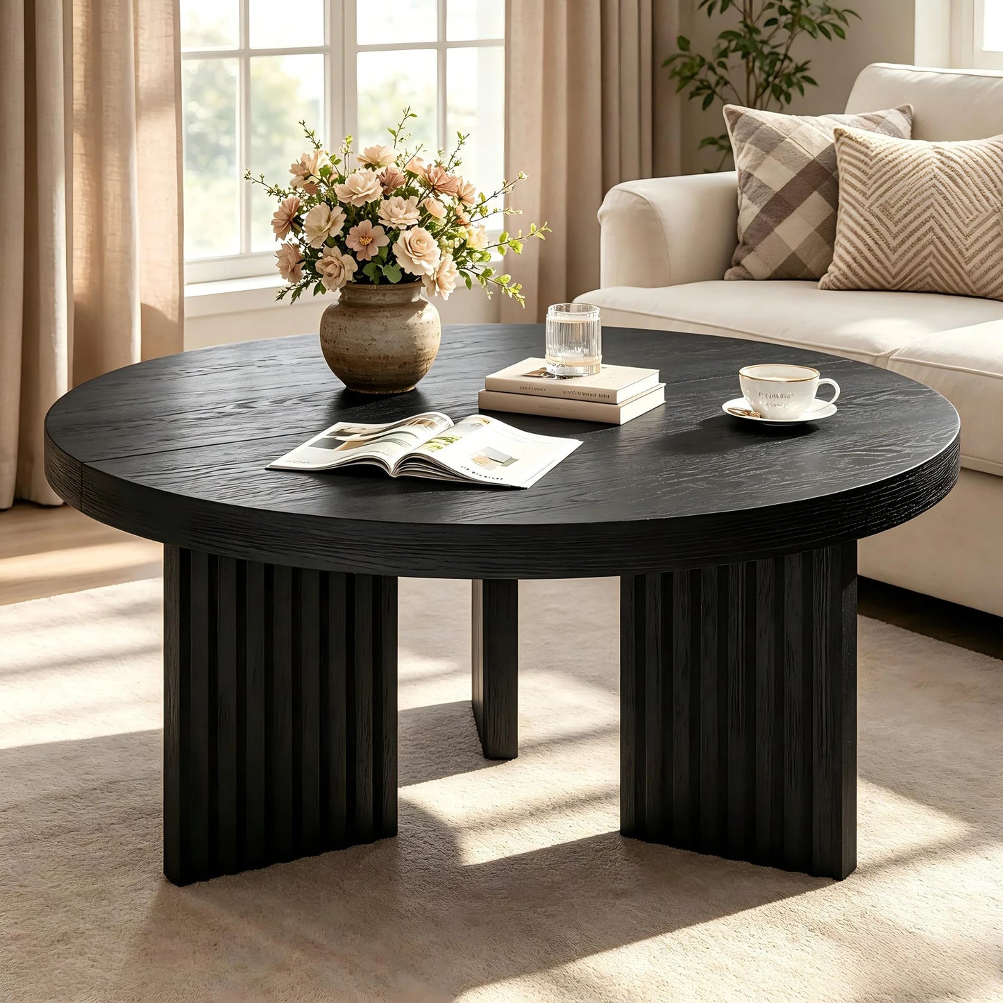33.5 Inch Round Coffee Table For Living Room, Fluted Leg Circle Center Table With 1.3 Inch Thick Top, Retro Accent Sofa Table For Bedroom
