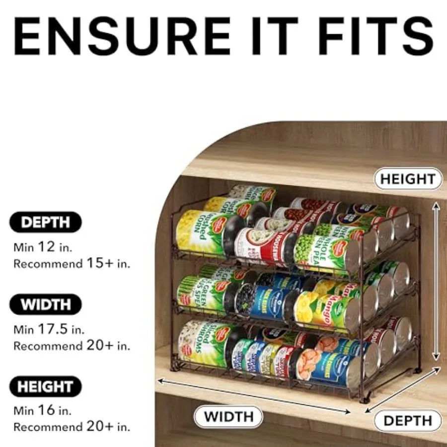 Stackable Can Organizer Rack for Pantry/Cabinet 11.5" D x 17" W x 13.75" H Holds 36 Cans 3-Tier Can Food Storage Dispenser Bron