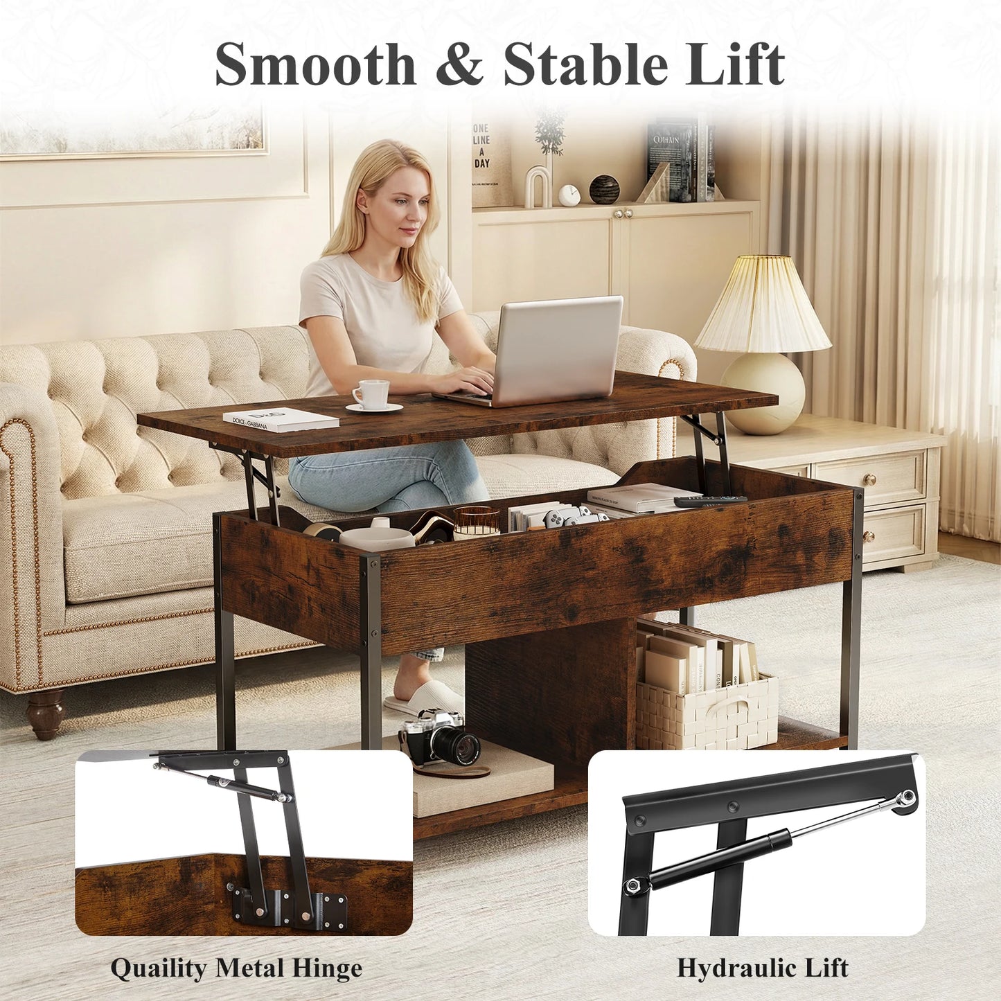 MCQ 39IN Lift Top Coffee Table with Storage For Living Room Wood Adjustable 2 Shelves Easy Lift Or Lower For Tea Dining Tables