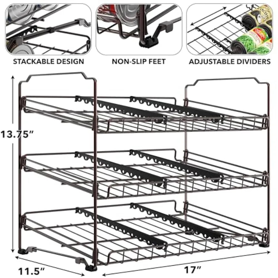 Stackable Can Organizer Rack for Pantry/Cabinet 11.5" D x 17" W x 13.75" H Holds 36 Cans 3-Tier Can Food Storage Dispenser Bron