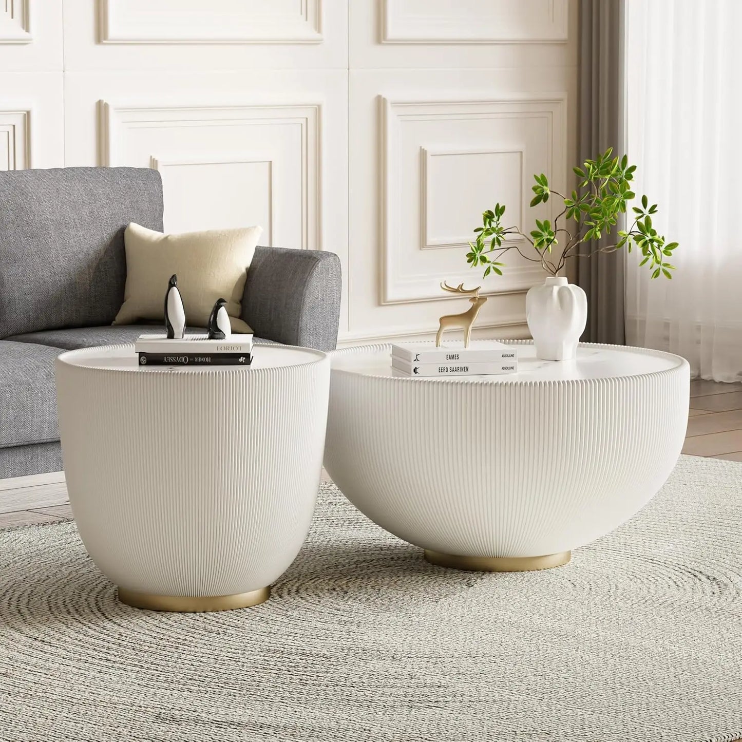 Round Grey 2-Piece Coffee Table Set 29.5in & 17.7in Sintered Stone Top Fluted PU Leather Base Living Room, Customized