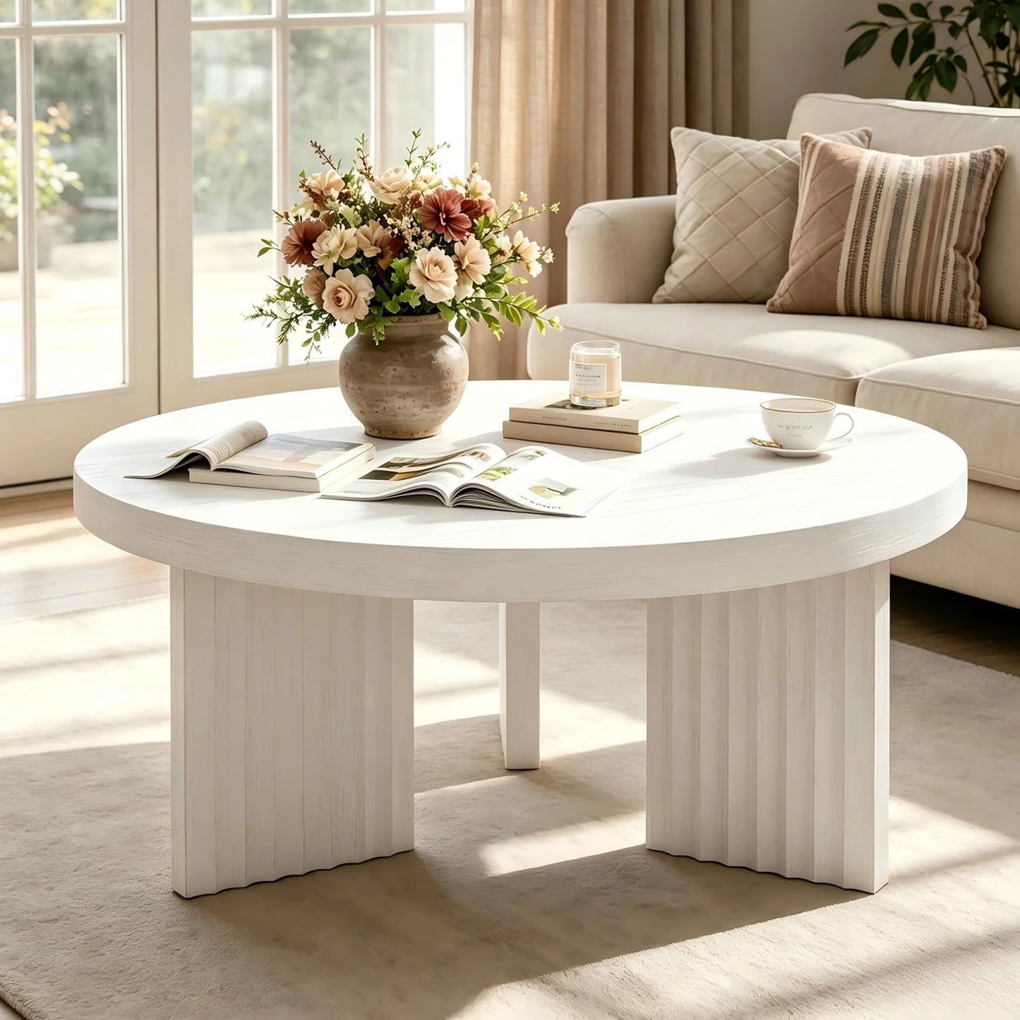 33.5 Inch Round Coffee Table For Living Room, Fluted Leg Circle Center Table With 1.3 Inch Thick Top, Retro Accent Sofa Table For Bedroom