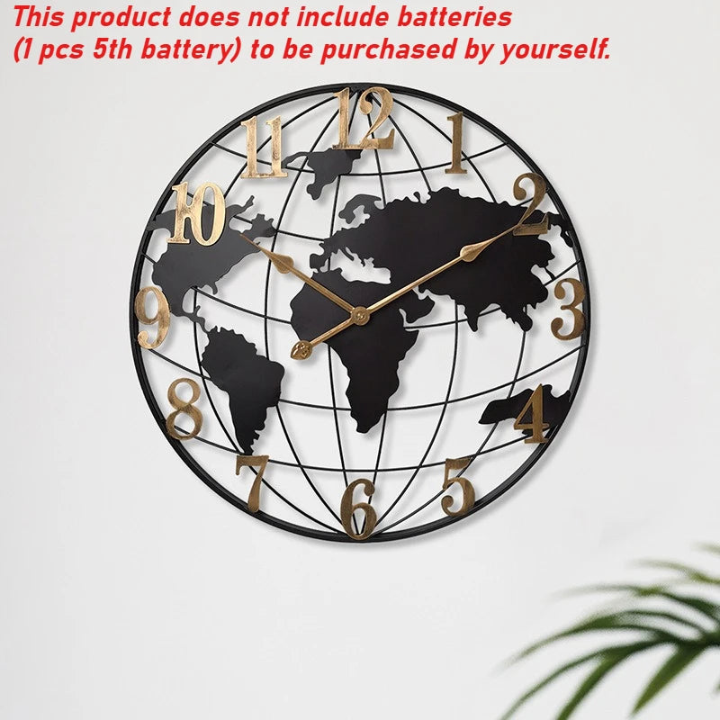60/75/90cm Large Map Wall Clock Metal Minimalist Clock Round Silent Non-Ticking Battery Operated Wall Clocks for Living Room