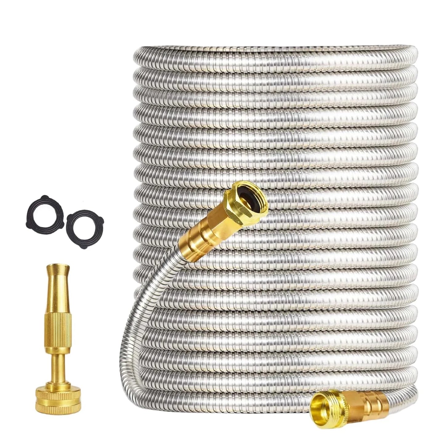 Heavy Duty Stainless Steel Garden Hose With Brass Nozzle, Kink Proof Flexible Metal Water Hose, 25/50/75/100FT