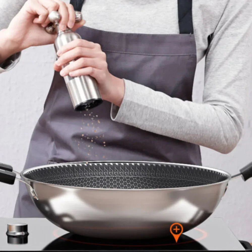 34cm Stainless Steel Cooking Wok Pan - Non-Stick Coated Frying Pan with Tempered Glass Lid - Healthy Fry Pan for Chinese Cooking