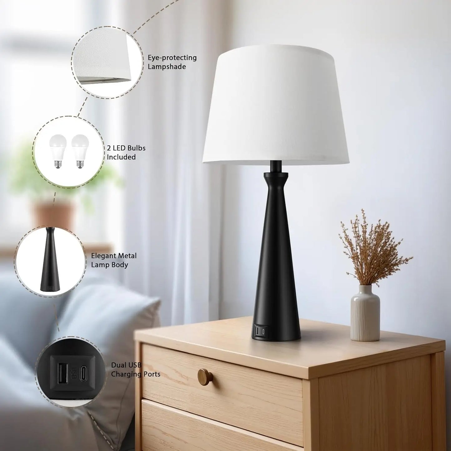 Modern Table Lamps Set of 2 - Touch Bedside Lamp with Dual USB C+A, 3-Way Dimmable Nightstand Lamps for Living Room Bedroom End
