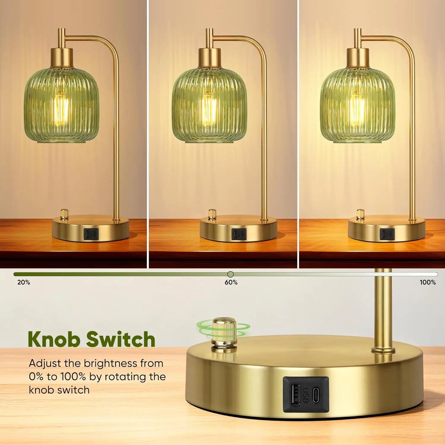 Industrial Table Lamp Set of 2, Green Glass Bedside Lamps with USB A&C Ports, Stepless Dimmable Gold Nightstand Lamps for Living