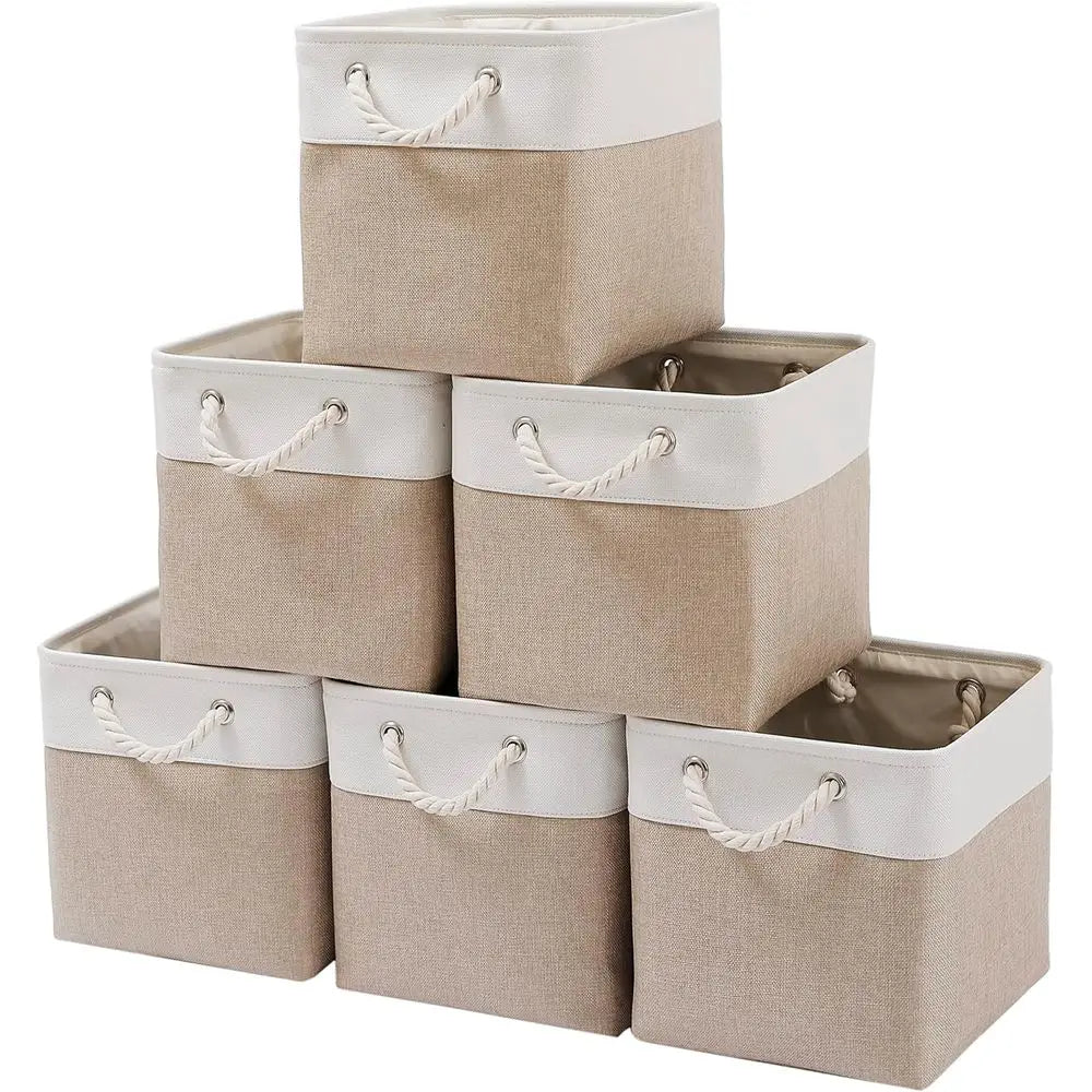 11 x 11 Inch Cube Storage Bins, 6 Pack Large Collapsible Fabric Storage Bin with Ropes, Foldable Storage Cubes for Home, Office,