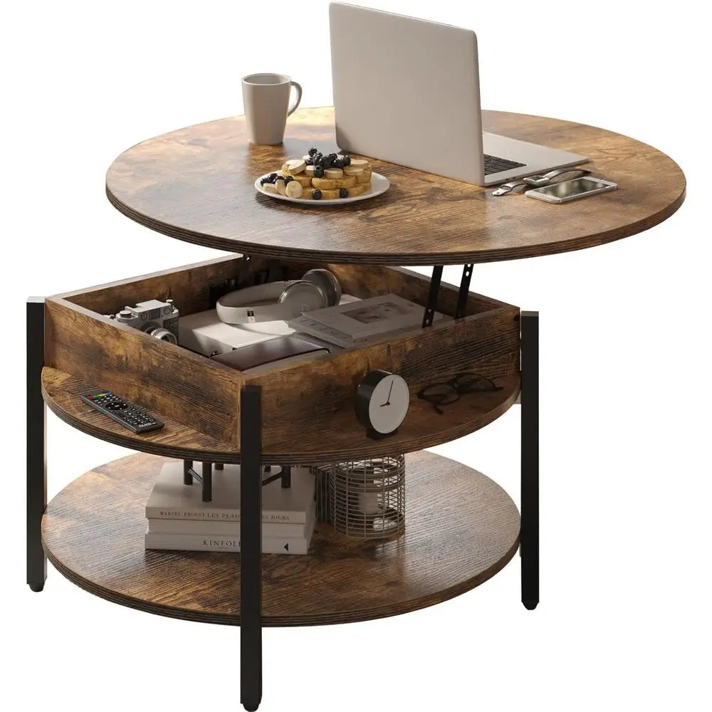 Round Lift Top Coffee Table with Storage and Hidden Compartment, 26.77'' Farmhouse Coffee Table for Living Room Reception Room,