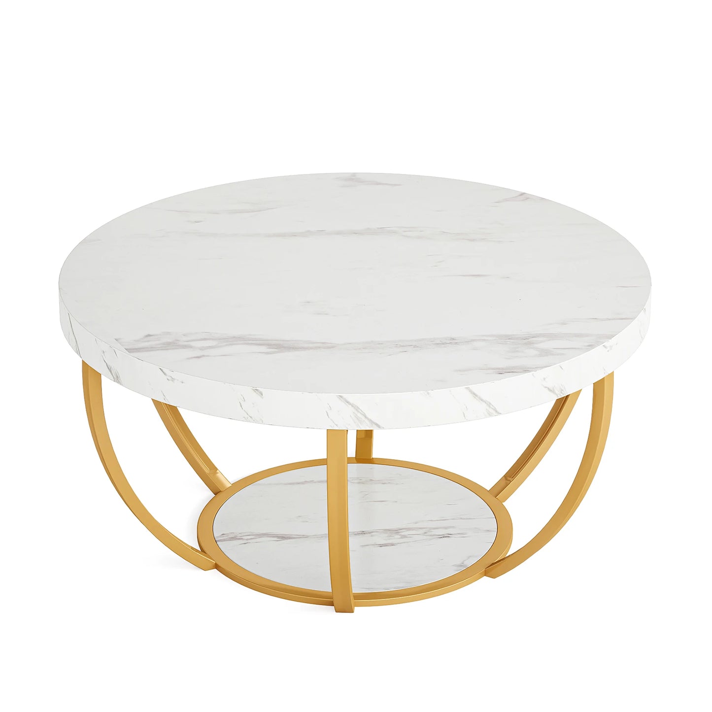 31.7" Round Coffee Table, Industrial 2-Tier Circle Coffee Table with Storage Shelves, Modern Wooden Sofa Side Table