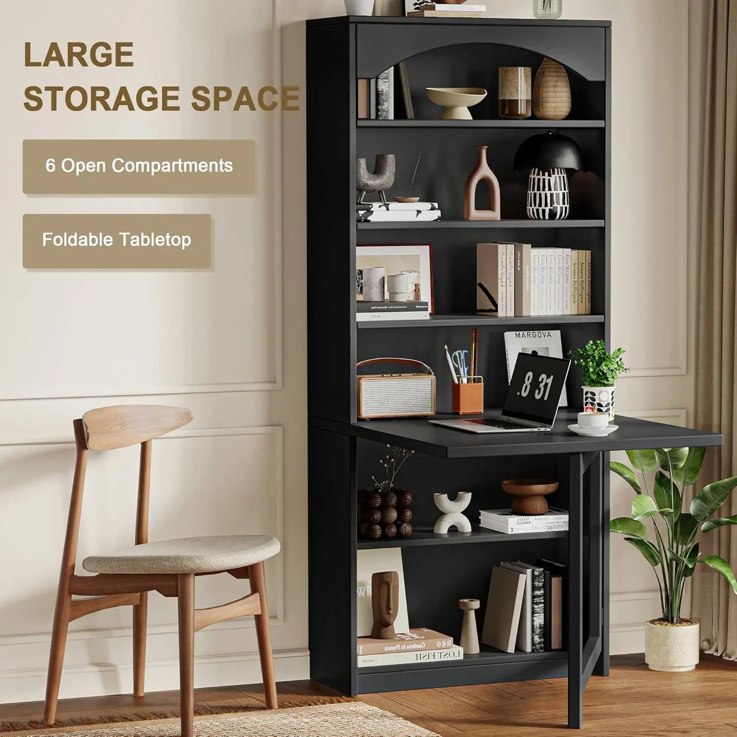 6-Tier Bookshelf with Folding Table, 72.8” Tall Open Storage Bookcase, Large Storage Capacity, Modern Display Shelf, Customized