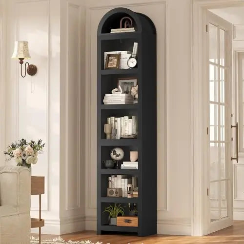 81" Tall Arched Cabinets,Bookcase with storage,Mid-Century Modern 6-Tier Bookshelf with Door,2 Book Risers and