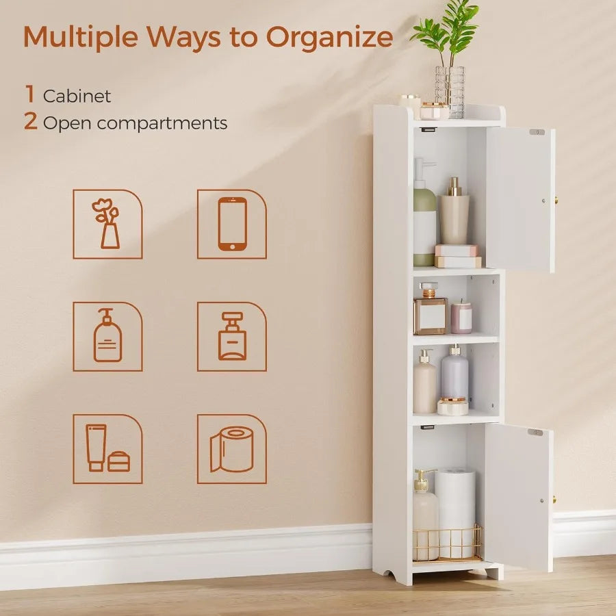 Slim Bathroom Storage Cabinet Corner Narrow Cabinet With 2 Doors And Adjustable Shelf Freestanding Small Bathroom Organ
