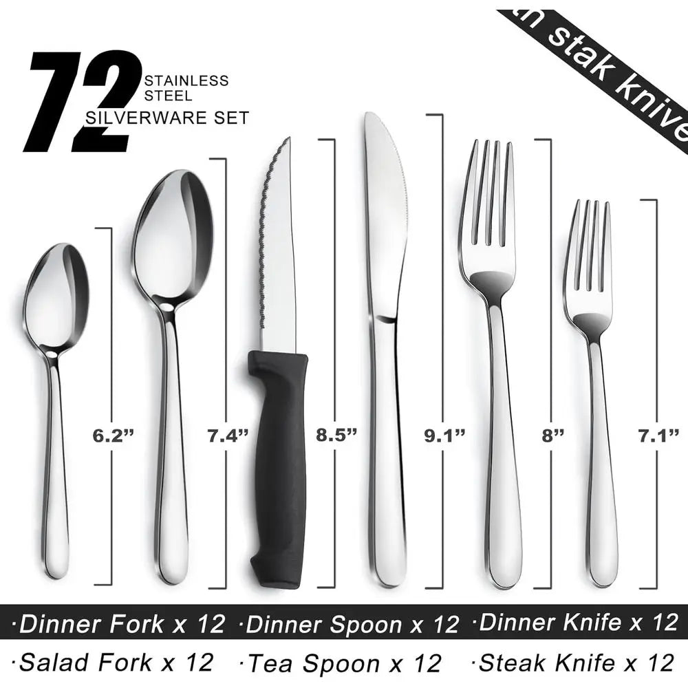 72-Pieces Silverware Set with Steak Knives, Stainless Steel Cutlery Set, Includes Forks, Spoons, and Knives, Dishwasher Safe