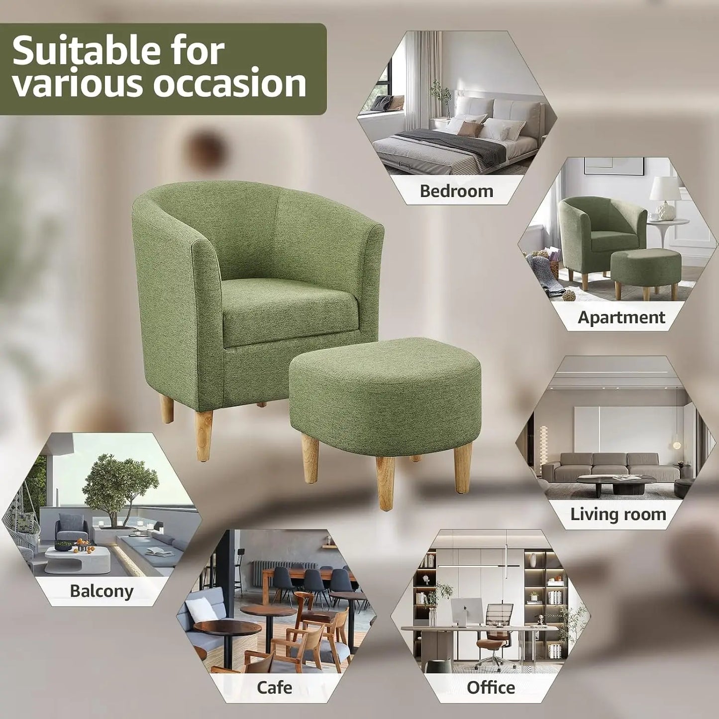 Mid Century Accent Chair & Ottoman Small Barrel Armchair with Footrest for Living Room Bedroom Linen Fabric Wood Legs, Customize