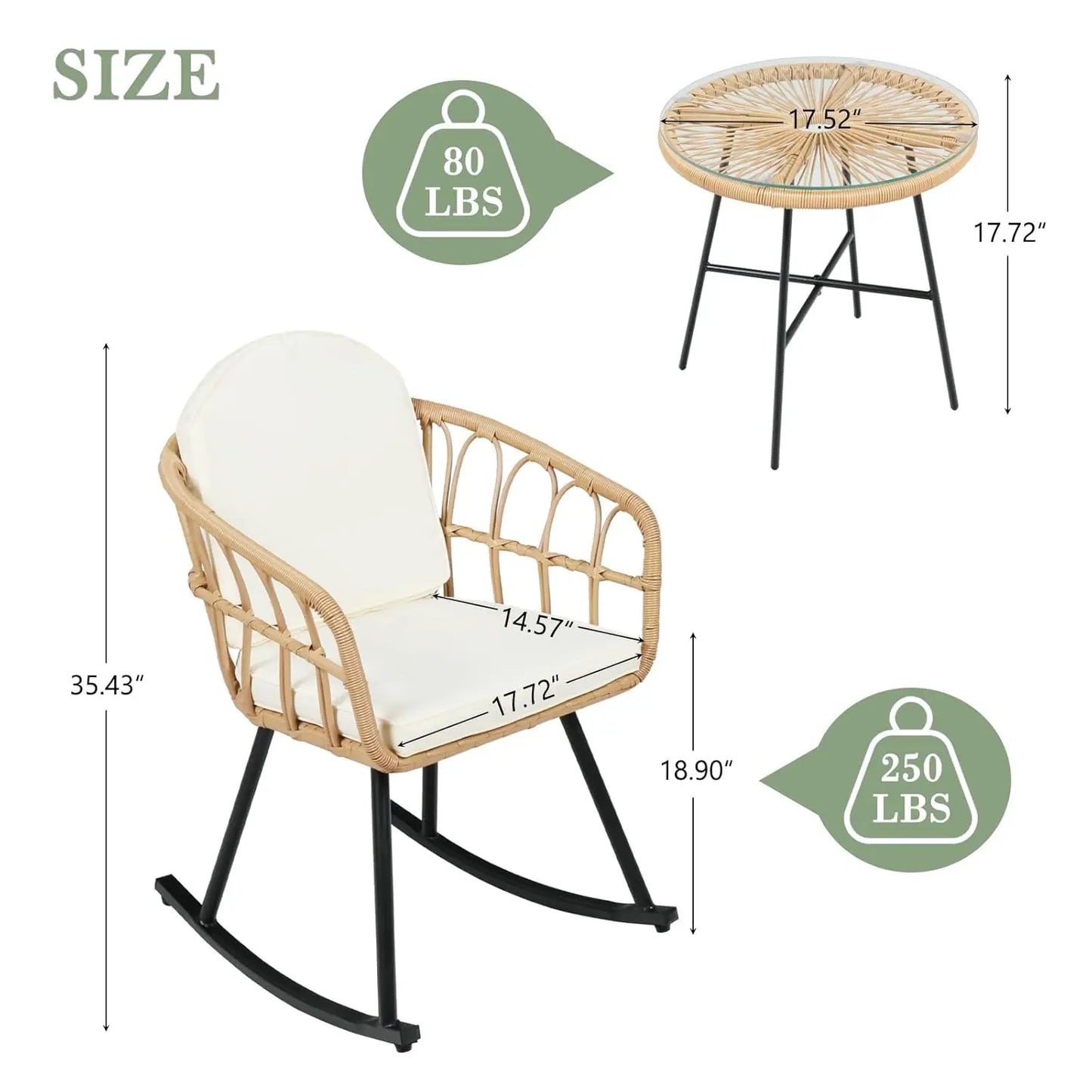 3 Piece Rocking Chair Set Outdoor Wicker Rattan Thickened Cushion Patio Conversation Bistro Balcony Garden, Customized