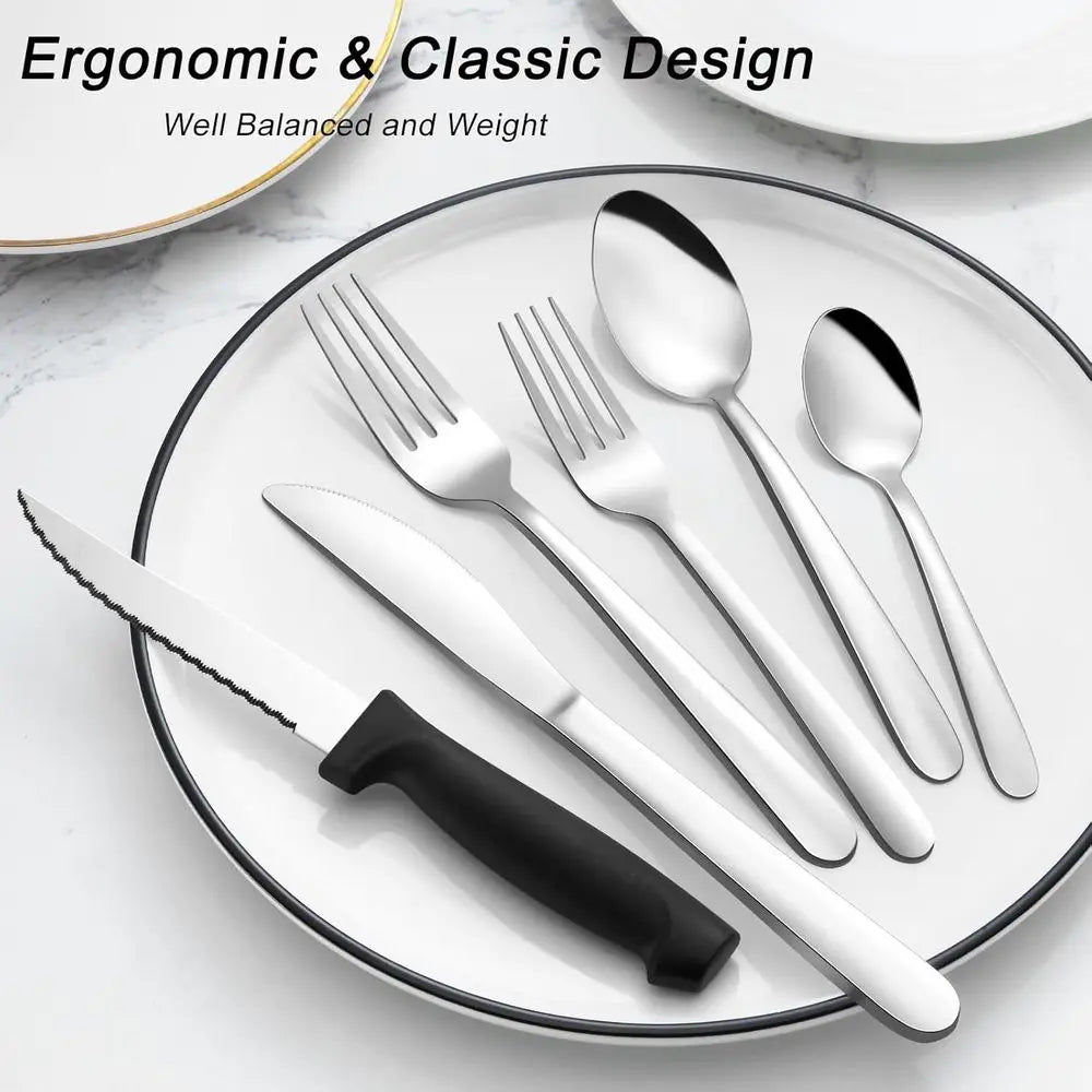 72-Pieces Silverware Set with Steak Knives, Stainless Steel Cutlery Set, Includes Forks, Spoons, and Knives, Dishwasher Safe