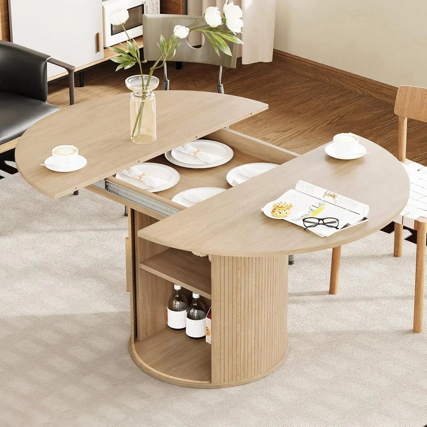 43"-59" Extendable Round to Oval Dining Table with Hidden Storage, Modern Wooden Kitchen Table with Fluted Sliding Door, Custom