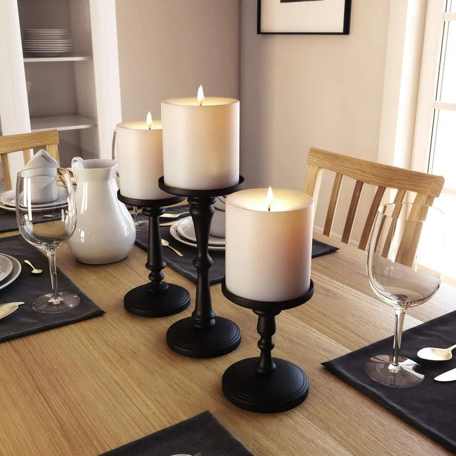 Black Candle Holders Set of 3 Metal Candle Holders for Pillar Candles amp LED Flameless Candles 6, 8 amp 10 Inch Tall Decorative