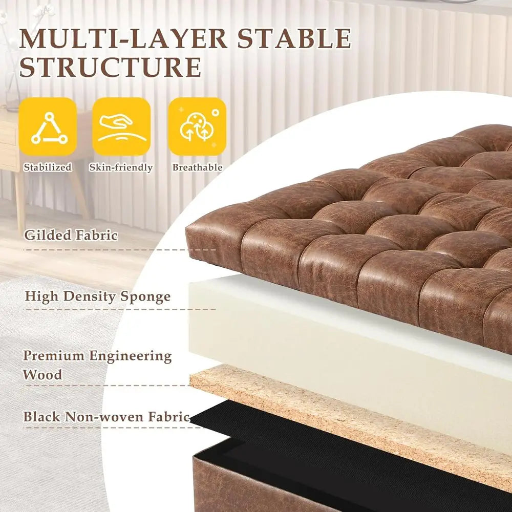Large 36 Square Ottoman with Storage, Tufted Upholstered Top, Solid Wood Legs, Ideal for Bedroom or Living Room (Brown)