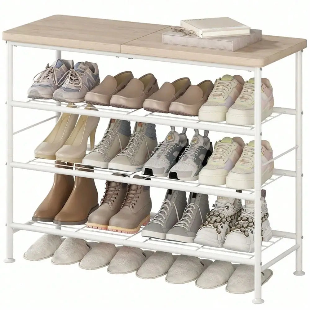 4-Tier Shoe Rack Organizer, Freestanding Metal Shoe Shelf with MDF Top Board for Closet, Entryway and Hallway