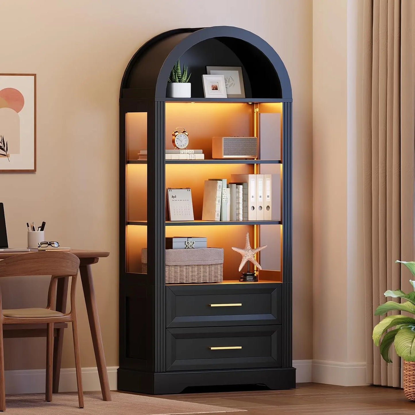 66.9" Tall Arched Bookcase, Wooden Display Cabinet with Lights, Farmhouse Arched Bookshelf with 2 Drawers, Open, Customized