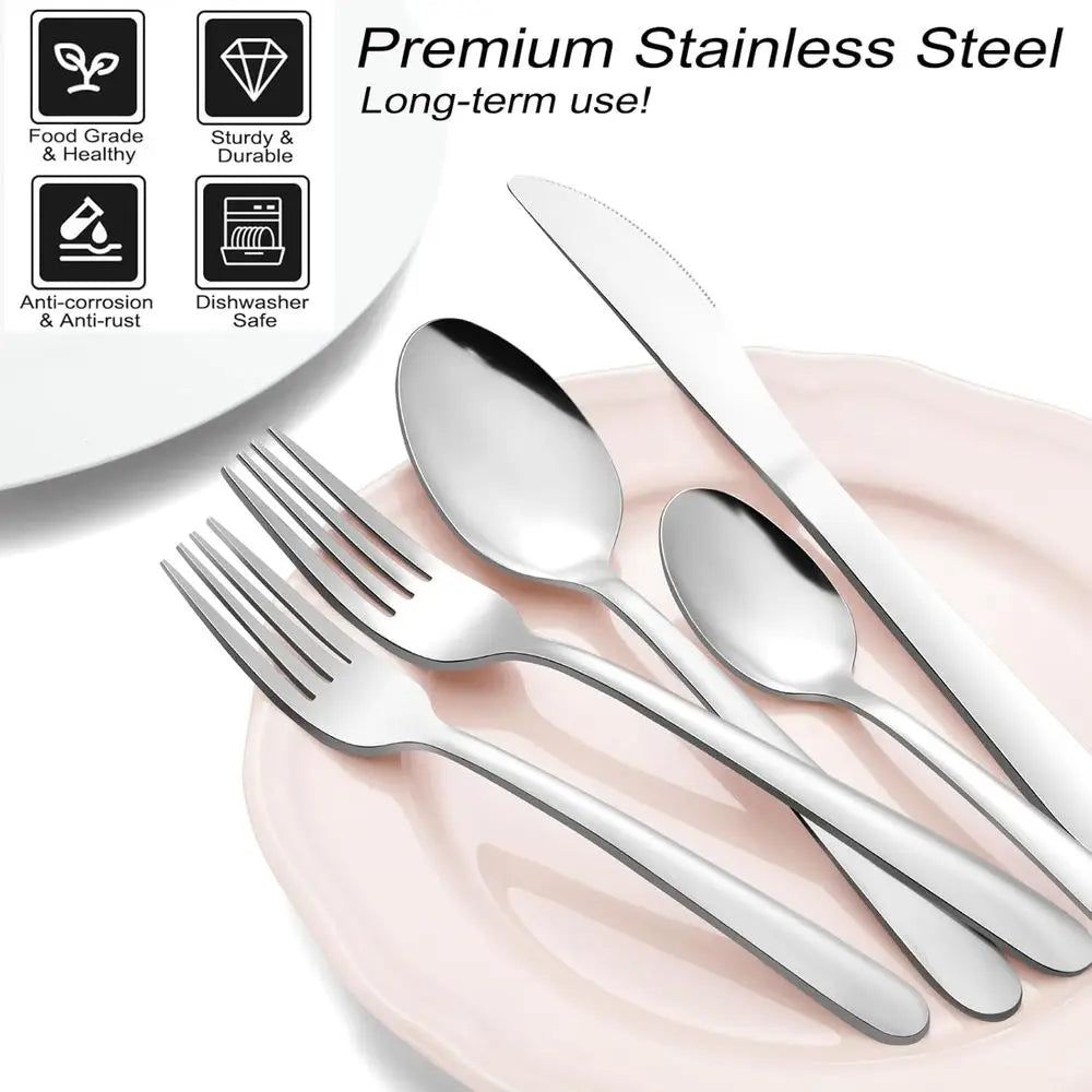 72-Pieces Silverware Set with Steak Knives, Stainless Steel Cutlery Set, Includes Forks, Spoons, and Knives, Dishwasher Safe