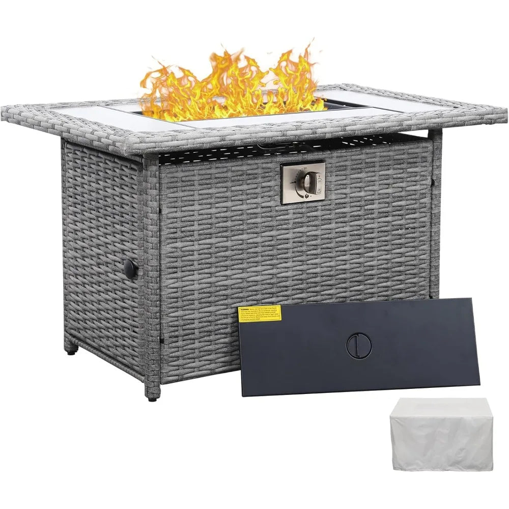 60000 BTU Wicker Gas Fire Pit Outdoor Fire Pit Table 45 Inch for Outside with Woodgrain Marble Tabletop Fire Pit Cover
