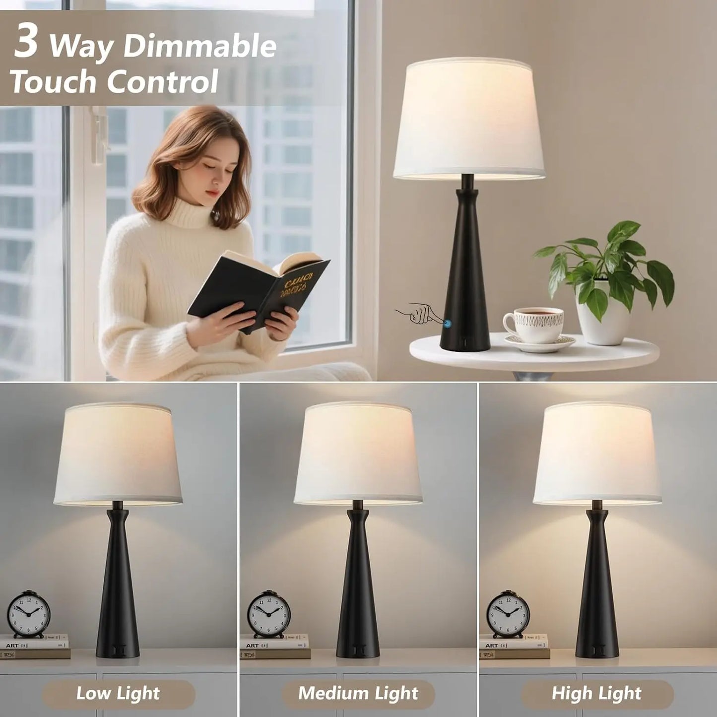Modern Table Lamps Set of 2 - Touch Bedside Lamp with Dual USB C+A, 3-Way Dimmable Nightstand Lamps for Living Room Bedroom End